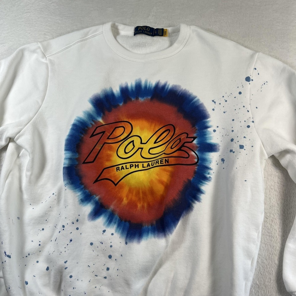 Polo Ralph Lauren Sweatshirt‎ Mens Large White Tie-Dye Polo Logo Fleece Crewneck